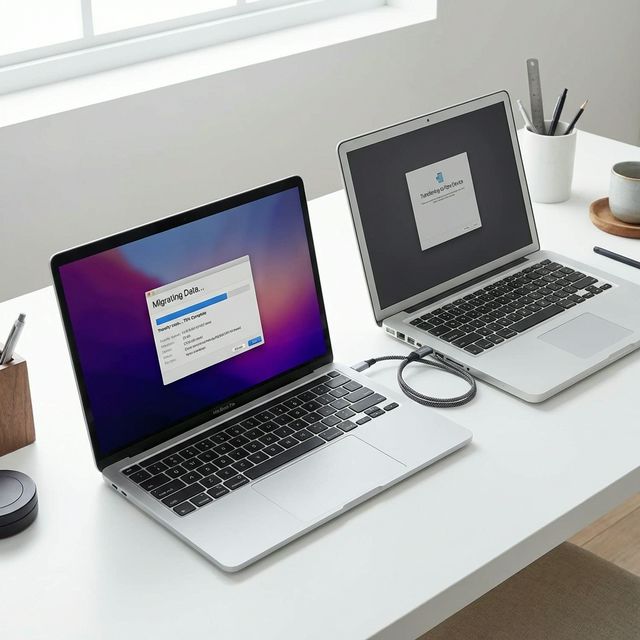 Deux ordinateurs reliés par un câble pour le transfert de données